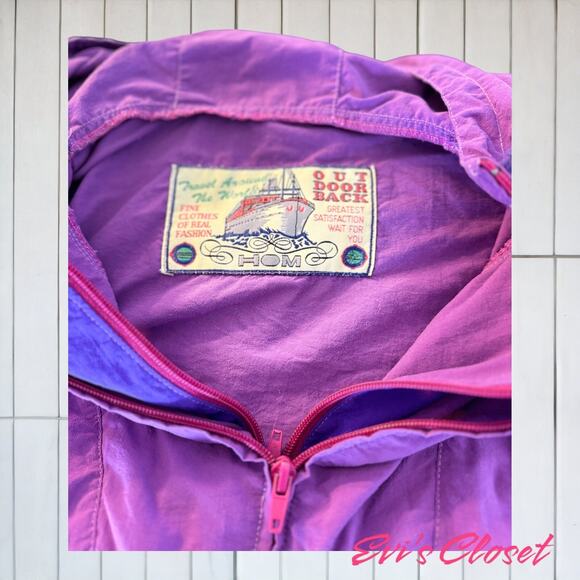 HOM  Jacket Mens, Purple Wind Breaker Pullover Front Side Pockets Hooded - Picture 6 of 14